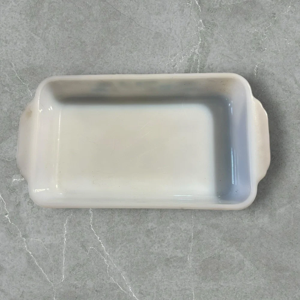 Vintage MCM Loaf Pan‎ My Blue Heaven Fire King Atomic Milk Glass 50s-70s